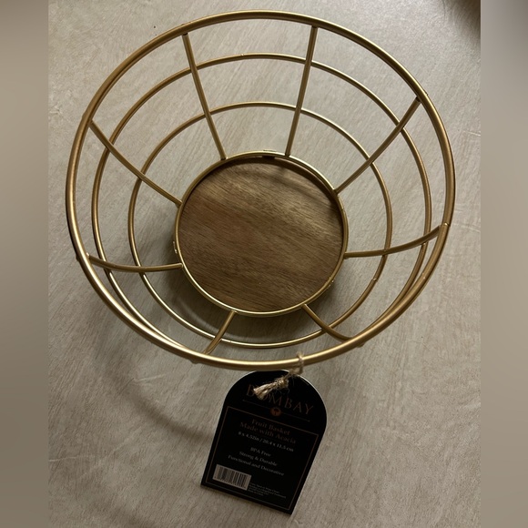 BOMBAY • Gold tone steel and Acacia wood fruit basket - Picture 2 of 4